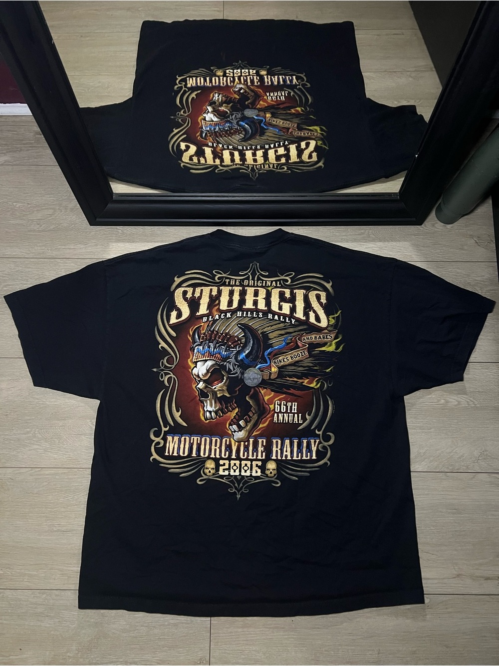 Y2K 2006 Liquid Blue Sturgis Motorcycle Rally Western Skull On Fire Shirt